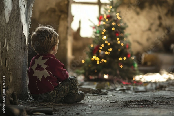 Obraz A poignant scene of a little boy sitting on the ground, gazing at a Christmas tree that has been devastated by the effects of war, evoking a sense of loss and reflection during the holiday season.