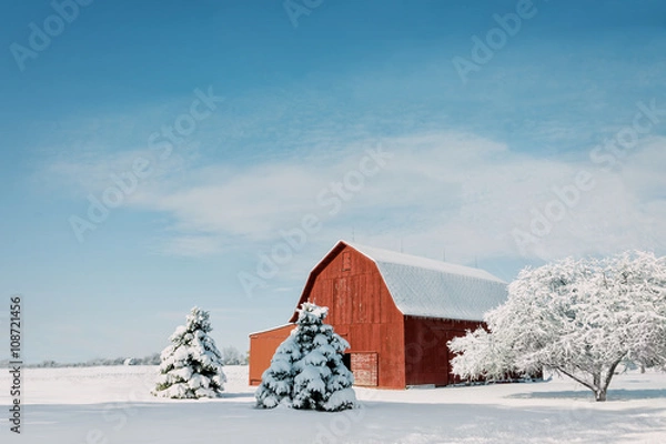 Fototapeta Red Barn With Snow