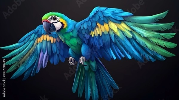 Obraz A colorful blue and gold macaw parrot with a long, curved beak, perched on black background