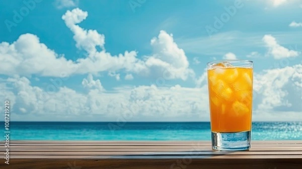 Obraz A refreshing glass of ice filled with orange juice sits on a wooden table, perfectly complemented by the blue sky. Ideal for capturing the essence of summer. Copy space available.