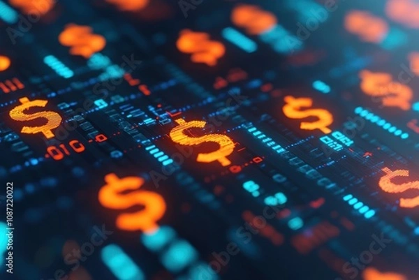 Obraz A vibrant digital display featuring glowing dollar signs amidst a matrix of data, representing finance, technology, and modern currency.