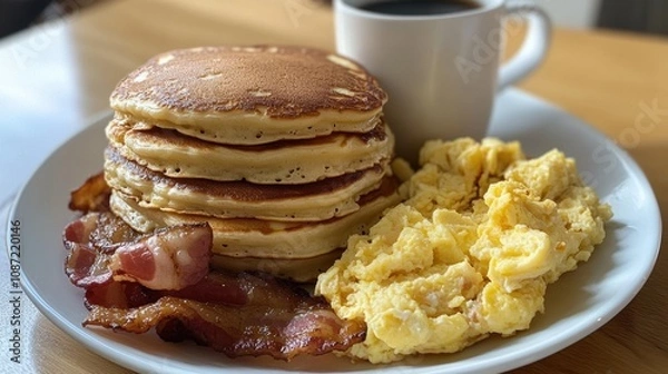 Fototapeta A hearty breakfast plate featuring a stack of fluffy golden pancakes, crispy bacon strips, scrambled eggs, and golden hash browns, served with a side of coffee and syrup for a classic morning meal.
