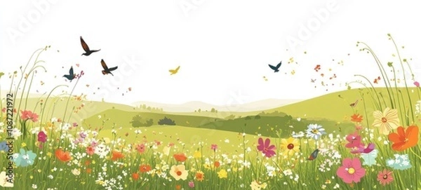 Fototapeta Serene Spring Meadow: A Vibrant Tapestry of Blossoms and Birds
