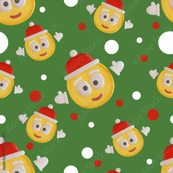 Obraz Seamless Christmas pattern with voluminous emoji in a cap and mittens. Graphic illustration.