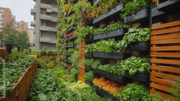 Fototapeta Vertical Greenery, An innovative skyscraper featuring terraced farming for fresh vegetables and herbs on multiple levels
