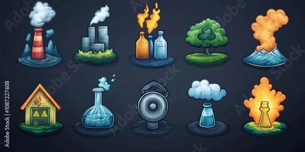 Fototapeta Cartoon Illustrations of Pollution and Nature Symbols