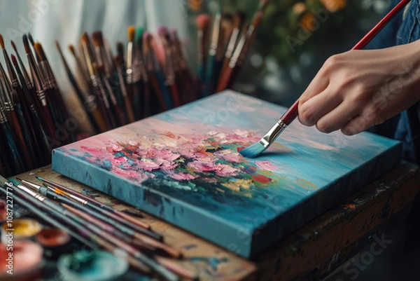 Fototapeta A person is painting a picture of flowers on a canvas