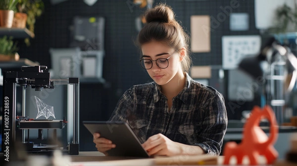 Fototapeta In a modern home studio, a young designer with a thoughtful expression refines her 3D model on a tablet, surrounded by samples, tools, and her humming 3D printer.