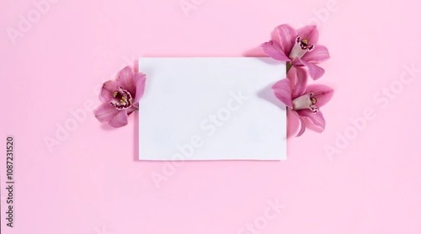 Fototapeta White rectangular background is decorated natural orchids flowers buds. Pink background.