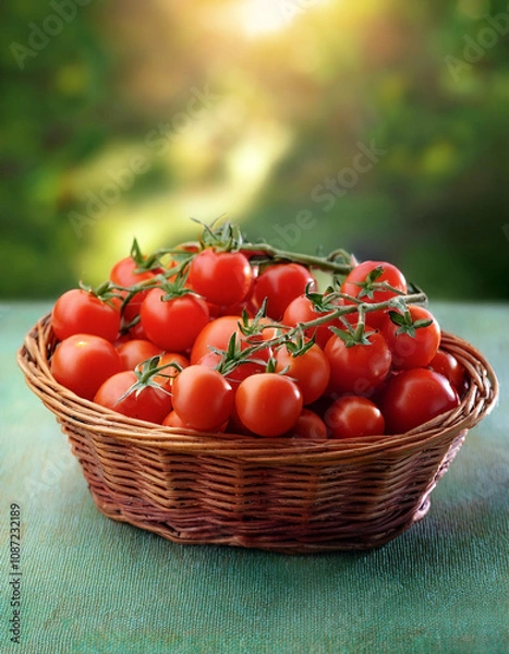 Fototapeta A bunch of cherry tomatoes with fresh green stems