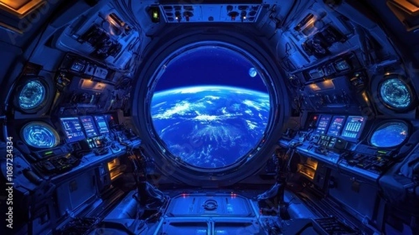 Fototapeta A futuristic spacecraft interior with a view of Earth through a large circular window.