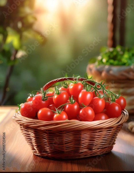 Fototapeta A bunch of cherry tomatoes with fresh green stems