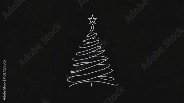 Fototapeta A simple Christmas tree line drawing with a star at the top against a black background, perfect for elegant holiday cards.