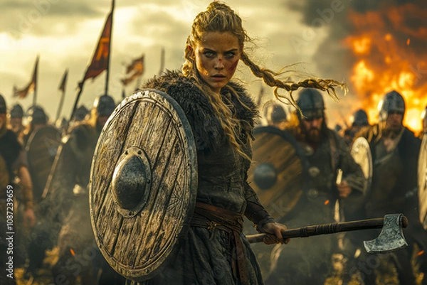 Fototapeta Warrior Queen A Stunning Image of a Viking Shieldmaiden in Battle Wielding a Round Shield and Axe