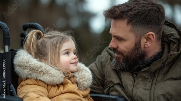 Fototapeta In this touching photograph, a father lovingly gazes at his daughter, both enveloped in warm attire, while sharing a moment of connection in the brisk outdoor air.