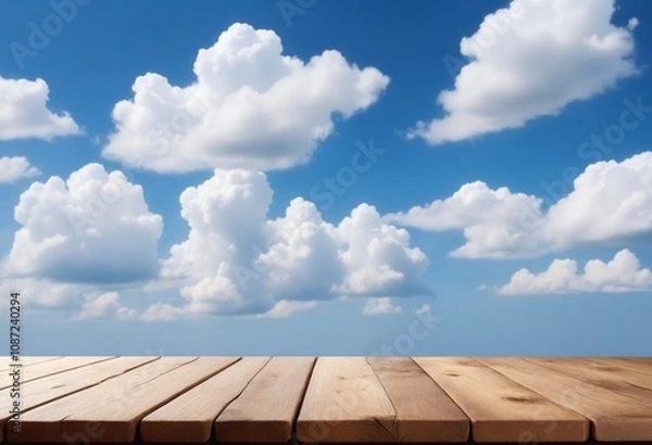 Fototapeta An empty wooden tabletop with blue skies and clouds is ideal for displaying merchandise