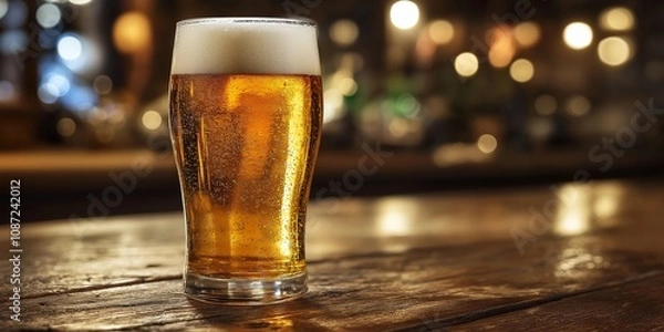 Fototapeta A frothy pint of beer rests invitingly on a wooden bar surface.