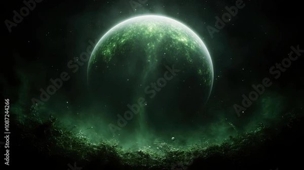 Fototapeta A green-toned planet floats in a cosmic expanse, enveloped by ethereal mists and distant stars, evoking exploration, wonder, and extraterrestrial mystery.