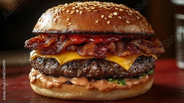 Fototapeta Deliciously stacked burger with bacon and cheddar on a sesame seed bun at sunset