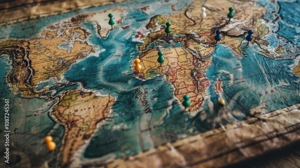 Fototapeta A vintage world map with colorful pins marking various locations.