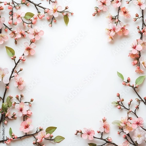 Fototapeta Delicate cherry blossom branches create a beautiful frame on a clean, white background.