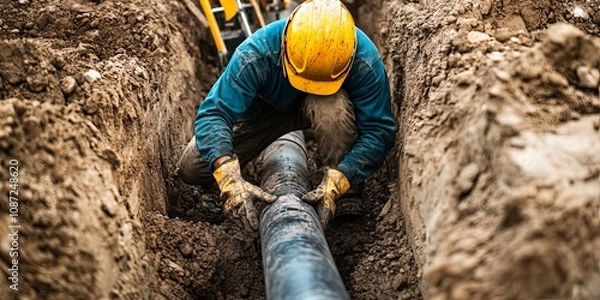 Obraz Construction Worker Installing Pipe in Trench