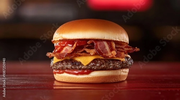 Fototapeta Juicy hamburger with bacon and cheese served on a bun with ketchup in a restaurant setting