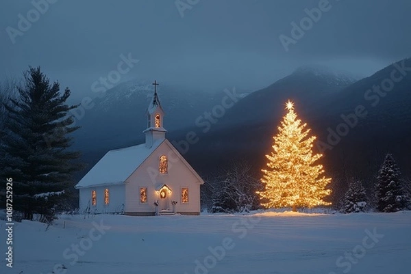 Fototapeta  Small white wooden church with illuminated Christmas tree in front, snow-covered pine trees and mountains at dusk, festive winter scene.