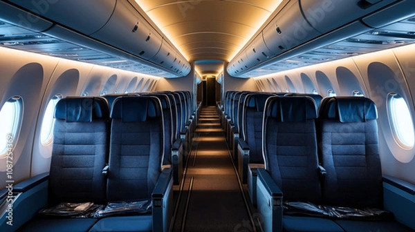 Fototapeta Empty modern airplane cabin with two aisles and blue upholstered seats, illuminated by soft interior lighting, showing overhead compartments and large windows on both sides.