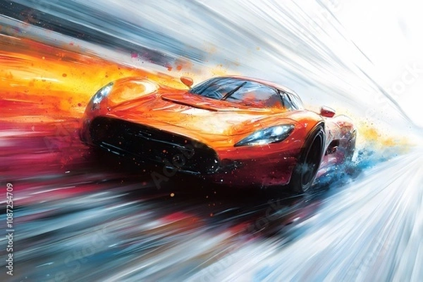 Fototapeta Car Roadster Sports watercolor painting Abstract white background.
