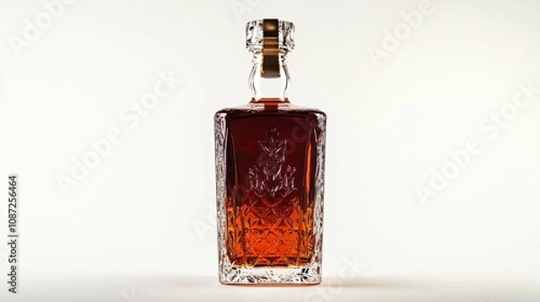 Obraz Crystal Decanter of Amber Spirit: A Study in Light, Shadow, and Elegance. Ideal for showcasing the rich hues of fine whiskey or other liquors. The perfect centerpiece for any home bar or celebration.