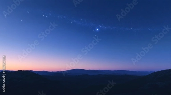Fototapeta The horizon at twilight with a blue sky overhead, scattered stars, and the soft glow of the galaxy's spiral.