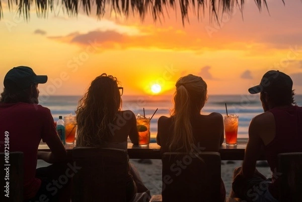 Fototapeta Group of friends enjoying tropical sunset by the beach, sipping colorful drinks while capturing the beauty of nature in a tranquil setting, perfect for vacation vibes