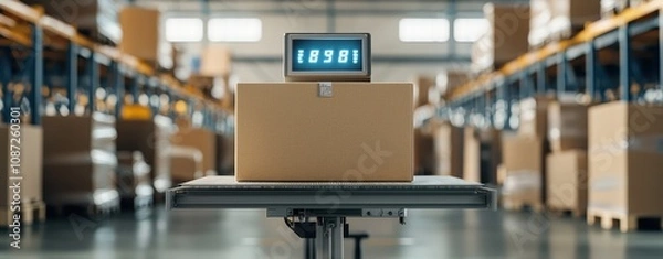 Fototapeta Close-up of a cardboard box on a digital weighing scale in a modern warehouse with blurred shelving in the background.