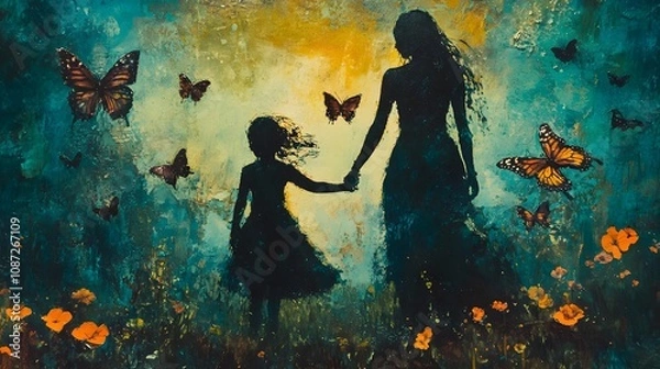Fototapeta Enchanting Silhouettes of a Woman and Child Surrounded by Butterflies in a Dreamy Nature Scene with Vibrant Colors and Floral Accents
