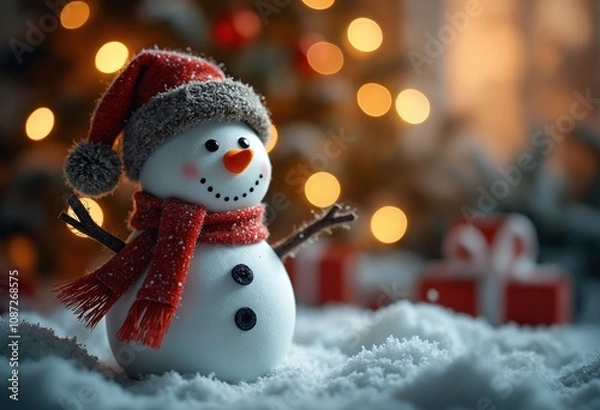 Fototapeta Snowman with christmas decoration and bokeh lights on background