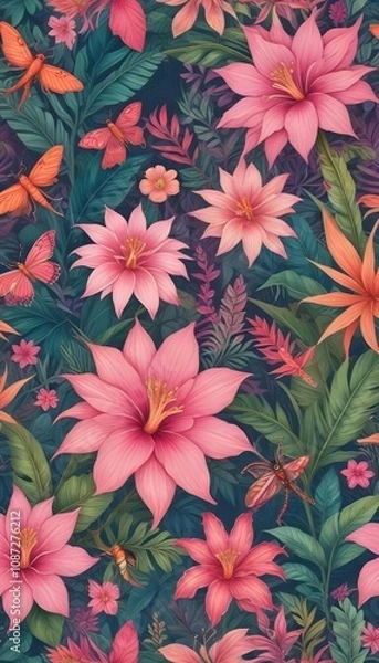Fototapeta Tropical exotic pattern with animal and flowers in bright colors and lush vegetation