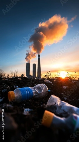 Obraz Factory smokestacks emit pollution at sunset with litter scattered on the ground at an industrial site