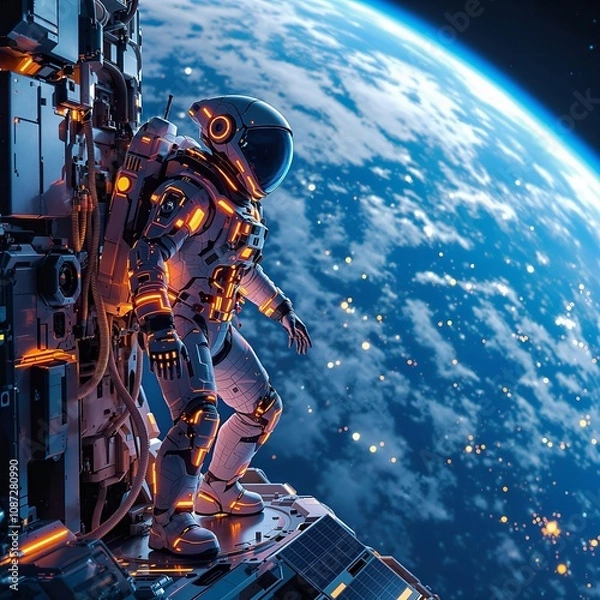 Fototapeta A 3D-rendered illustration featuring an astronaut inside a space station, overlooking earth,generative ai