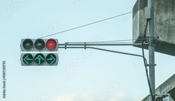 Fototapeta traffic light in japan with red light and arrows with green light indicating to go straight ahead, turn right and turn left. japanese traffic light