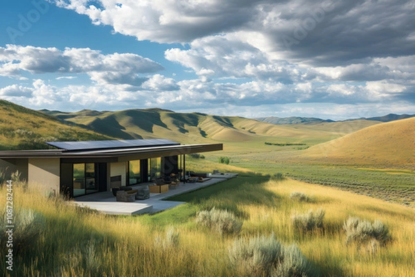 Fototapeta Modern sustainable home nestled in a vast, rolling landscape under a dramatic sky.  The architecture complements the natural beauty of the setting.