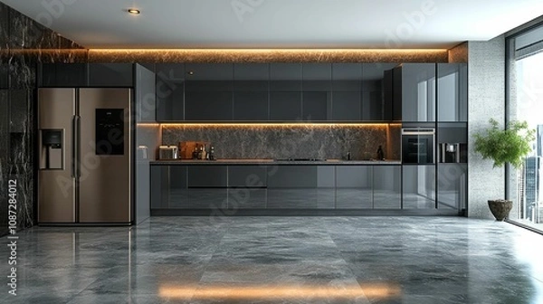 Obraz Modern Dark Kitchen Design With Marble Floor And City Views