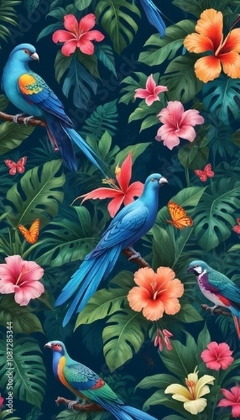 Obraz Tropical exotic pattern with animal and flowers in bright colors and lush vegetation