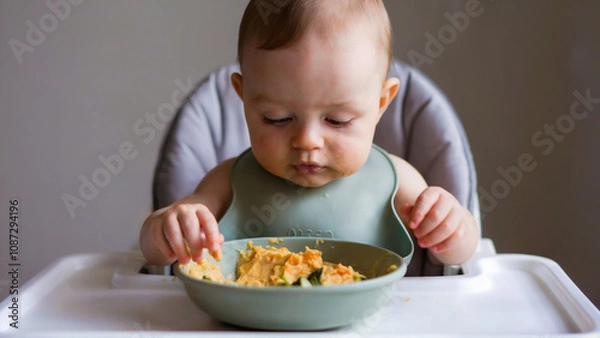 Fototapeta A baby in a high chair wearing a bib, playfully exploring a bowl of mashed veggies during a lively mealtime.