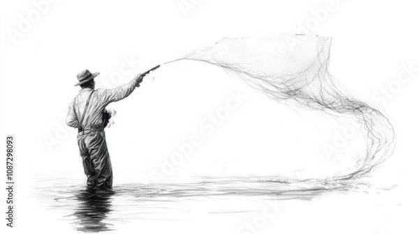 Fototapeta Pencil sketch outline of a fisherman throwing a net at lake sea