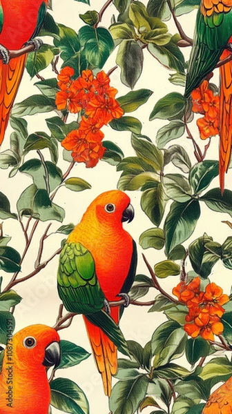 Obraz Vintage 1980s jungle pattern with vibrant parrots and lush foliage inspired by chintz design - seamless pattern texture png