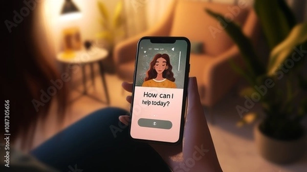 Obraz Virtual therapist chat interface on a phone screen offering empathetic support and guidance in a cozy setting