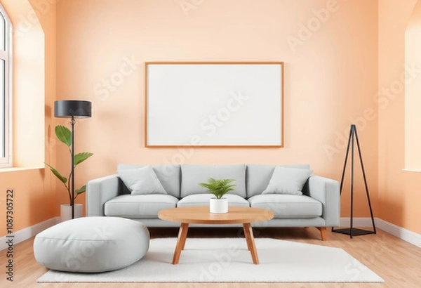 Fototapeta A orange colour -style living room with a frame mockup on a plain white wall. The room features a light gray fabric sofa, a round wooden coffee table, and a soft white rug. 