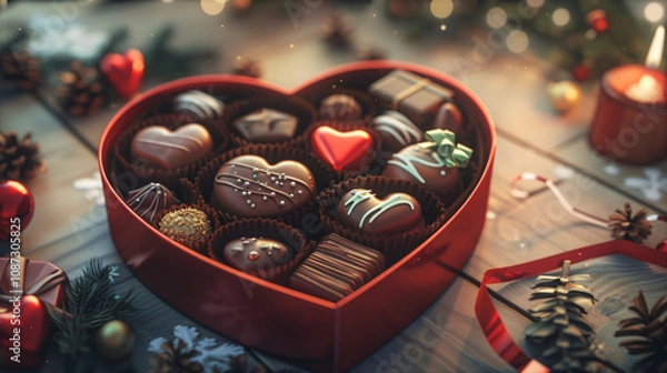 Fototapeta An open heart shaped chocolate box containing chocolates around it.