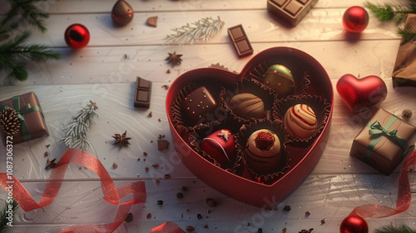 Fototapeta An open heart-shaped box of chocolates lies.